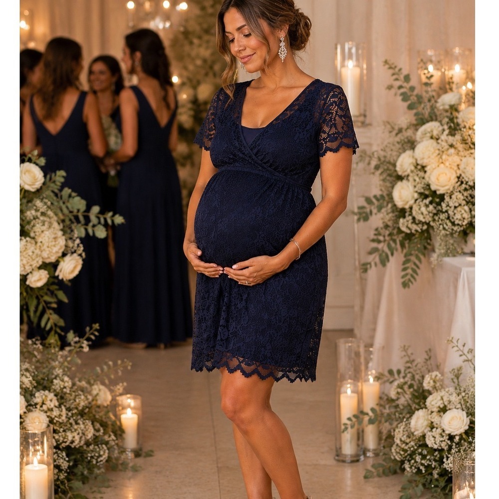 H&M MAMA Maternity Lace Wrap Dress Navy Blue Size Lβ Floral Wedding Baby Shower